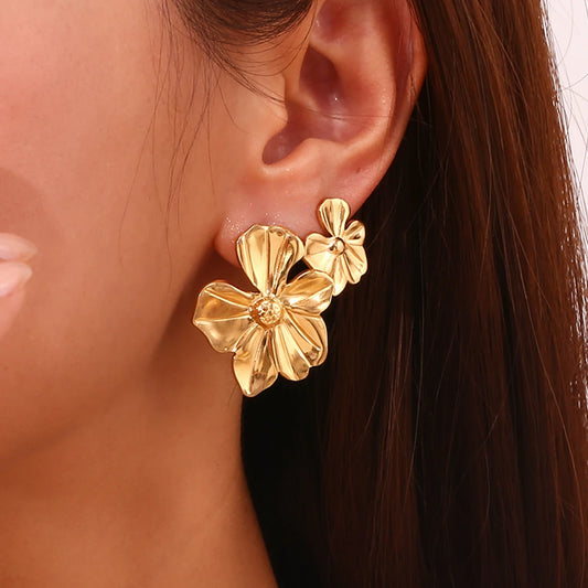 18K Gold Plated Five Petal Flower Large and Small Earrings